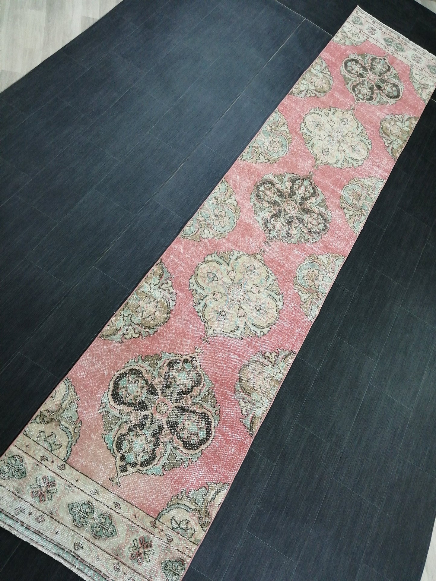 Pink Vintage Runner Rug 12.9 x 2.6 Oushak Runner Hallway Runner Rug Kitchen Runner Rug Wool Runner Rug Wool Oushak Rug