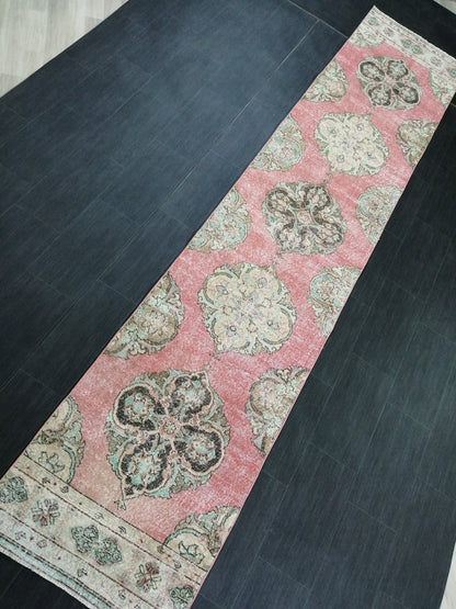 Pink Vintage Runner Rug 12.9 x 2.6 Oushak Runner Hallway Runner Rug Kitchen Runner Rug Wool Runner Rug Wool Oushak Rug