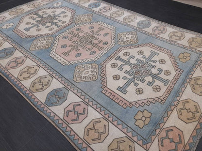 Distressed Wool Hand Made Rug Vintage Oushak Rug Blue 5x8  Oriental Rug, Rug Vintage Turkish Rug, Farmhouse Rug Vintage Rug Living room Rug