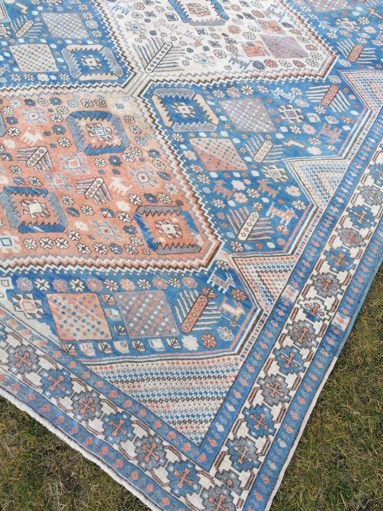 Turkish blue wool rug 6'8x10 large oushak vintage rug, unique hand made, living room rug