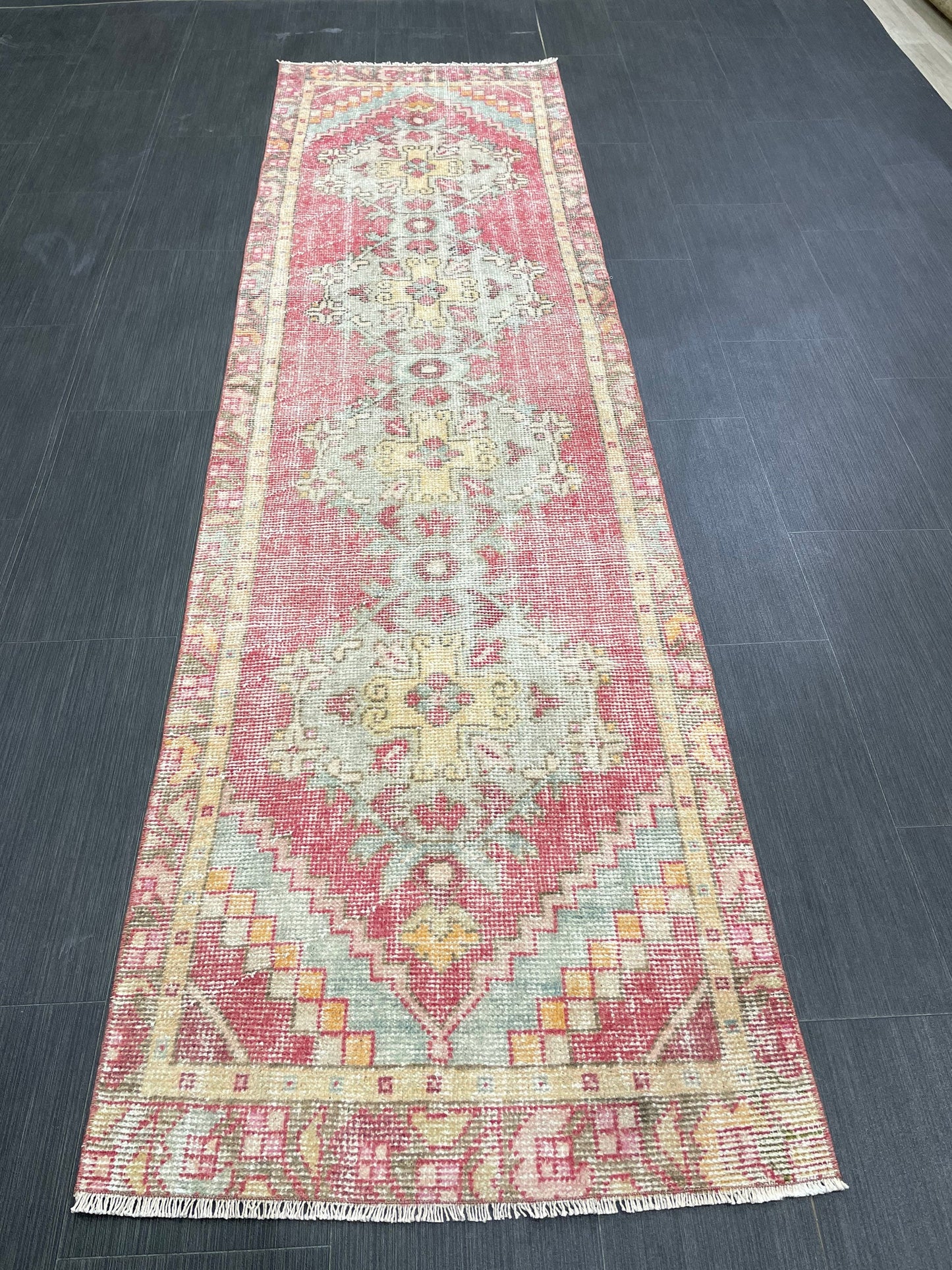 Short Vintage Runner Rug 2.4 x 8.5 Hand Knotted Runner Rug Turkish Runner Rug Vintage Runner Rug Hallway Runner Rug Wool Kitchen Runner