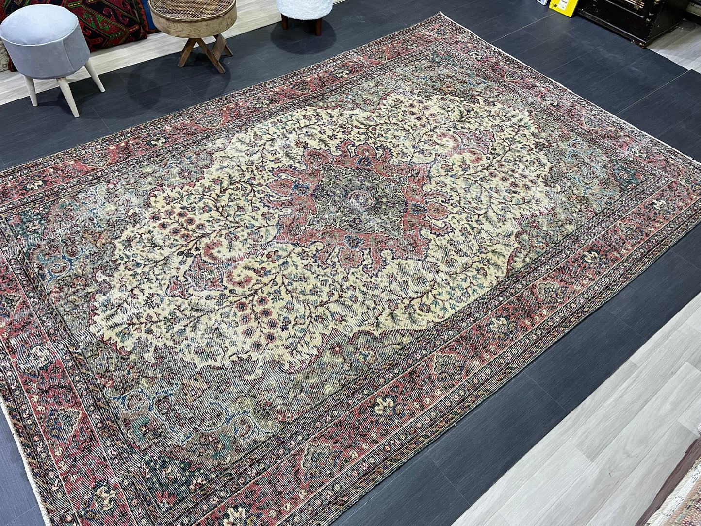 Vintage Rug, Persian Rug, Handmade Rug Muted Vintage 7 x 10.5 Rug, Hand Knotted Rug, Turkish Oushak Rug, Vintage Wool Turkish Rug