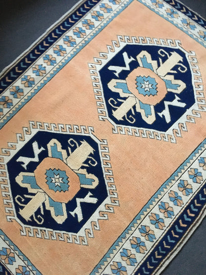 4x6 feet blue turkish bedroom middle rug, handmade orange kitchen floor large rug, vintage living room area rug, bohemian anatolian wool rug