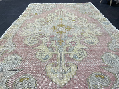 Vintage Rug, Persian Rug, Muted Handmade 4.7 x 7.4 Rug, Natural Wool Oushak Rug Hand Knotted, Vintage Turkish Rug