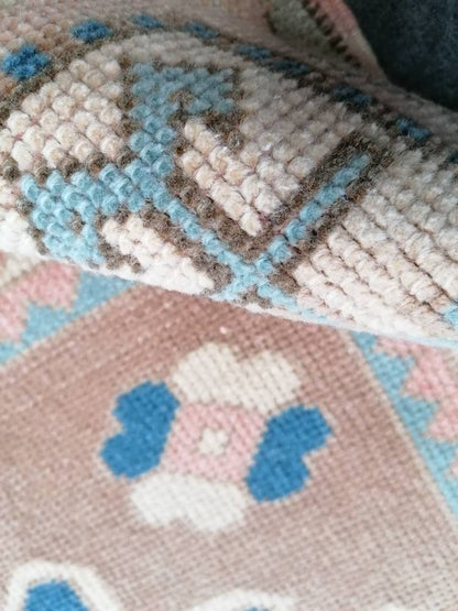 Turkish rug 4'5x7'3 blue and pink wool rug, vintage oushak rug, hand made living room rug