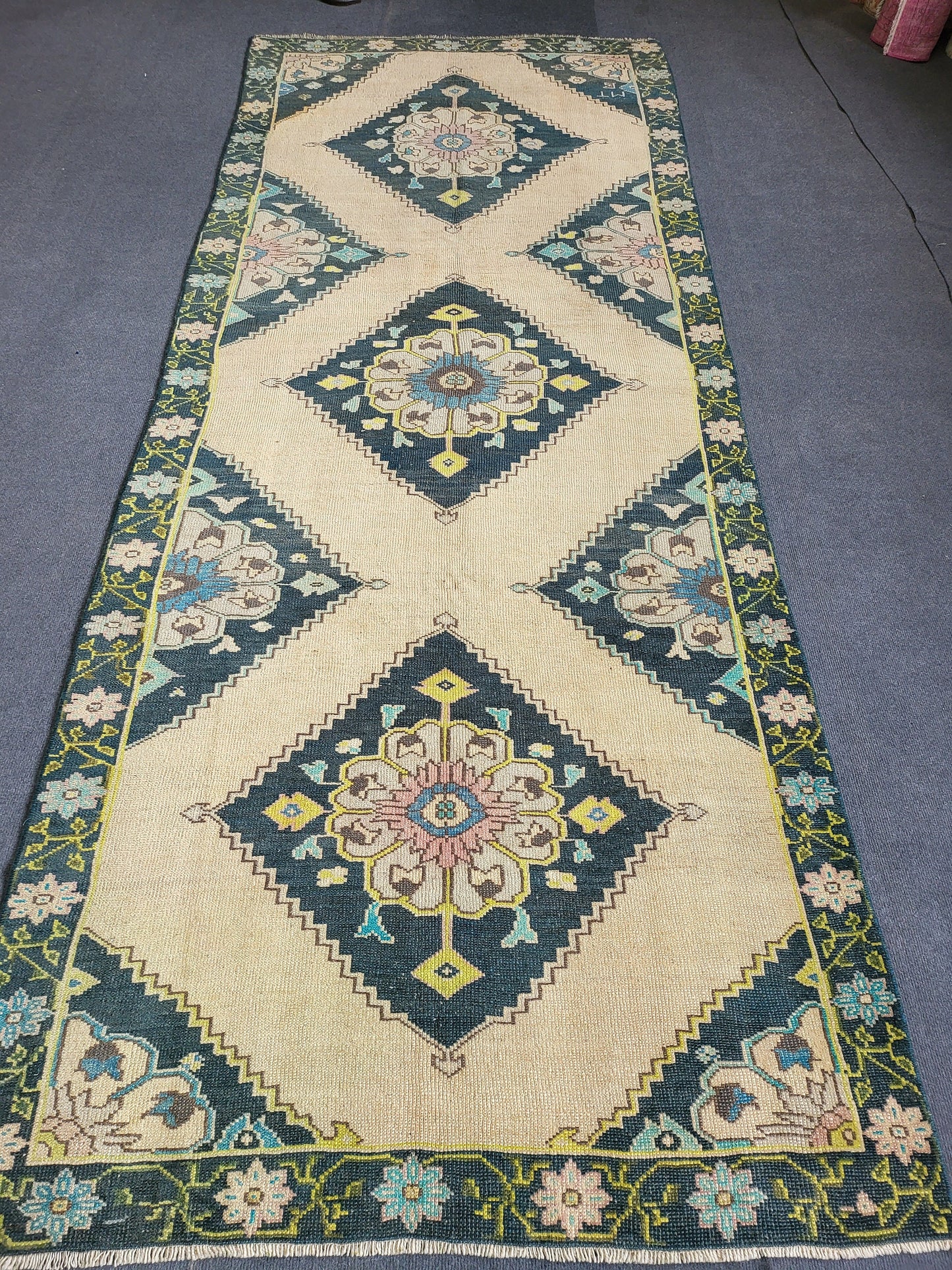 Oushak Runner Rug Turkish Runner 3.8 x 9.6 Rug, Vintage Runner Rug, Persian Hallway Runner Rug, Handmade Runner Rug Wool Anatolian Runner