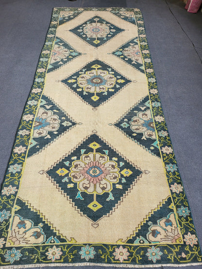 Oushak Runner Rug Turkish Runner 3.8 x 9.6 Rug, Vintage Runner Rug, Persian Hallway Runner Rug, Handmade Runner Rug Wool Anatolian Runner