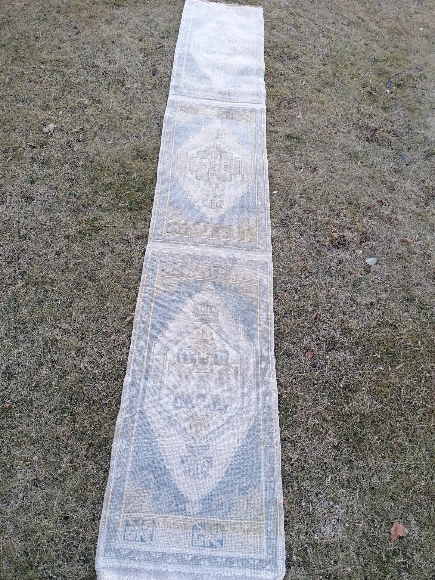 1'9x10'5 muted blue runner rug, faded vintage turkish runner,  hallway runner rug, kicthen runner rug, oushak runner rug