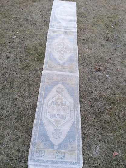 1'9x10'5 muted blue runner rug, faded vintage turkish runner,  hallway runner rug, kicthen runner rug, oushak runner rug