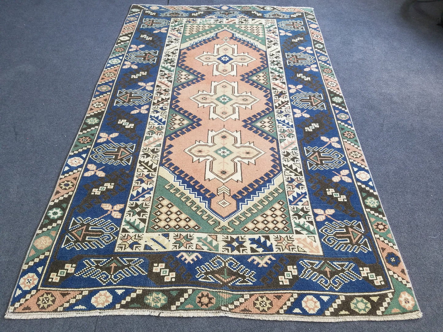 Vintage blue rug,turkish oushak rug 6'8x4'2 wool rug