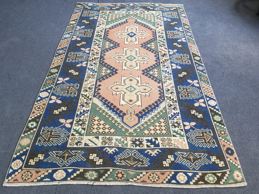 Vintage blue rug,turkish oushak rug 6'8x4'2 wool rug