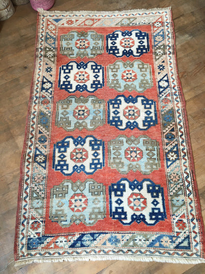 3x5 feet oushak wool rug, vintage handmade floor rug, turkish rug,kitchen rug, bohemian rug, red faded dining area rug, natural bedroom rugs