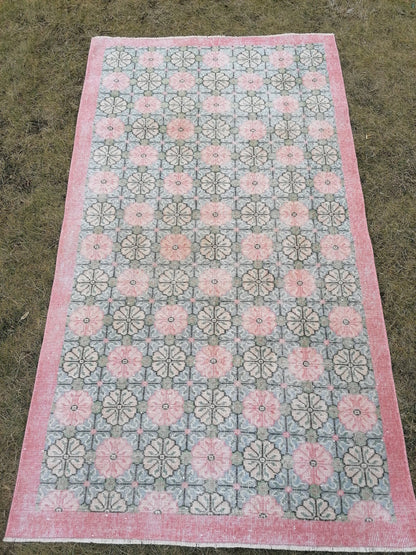 Vintage rug 7x3'11 green oushak vintage rug, anatolian rug,unique hand made bohemian