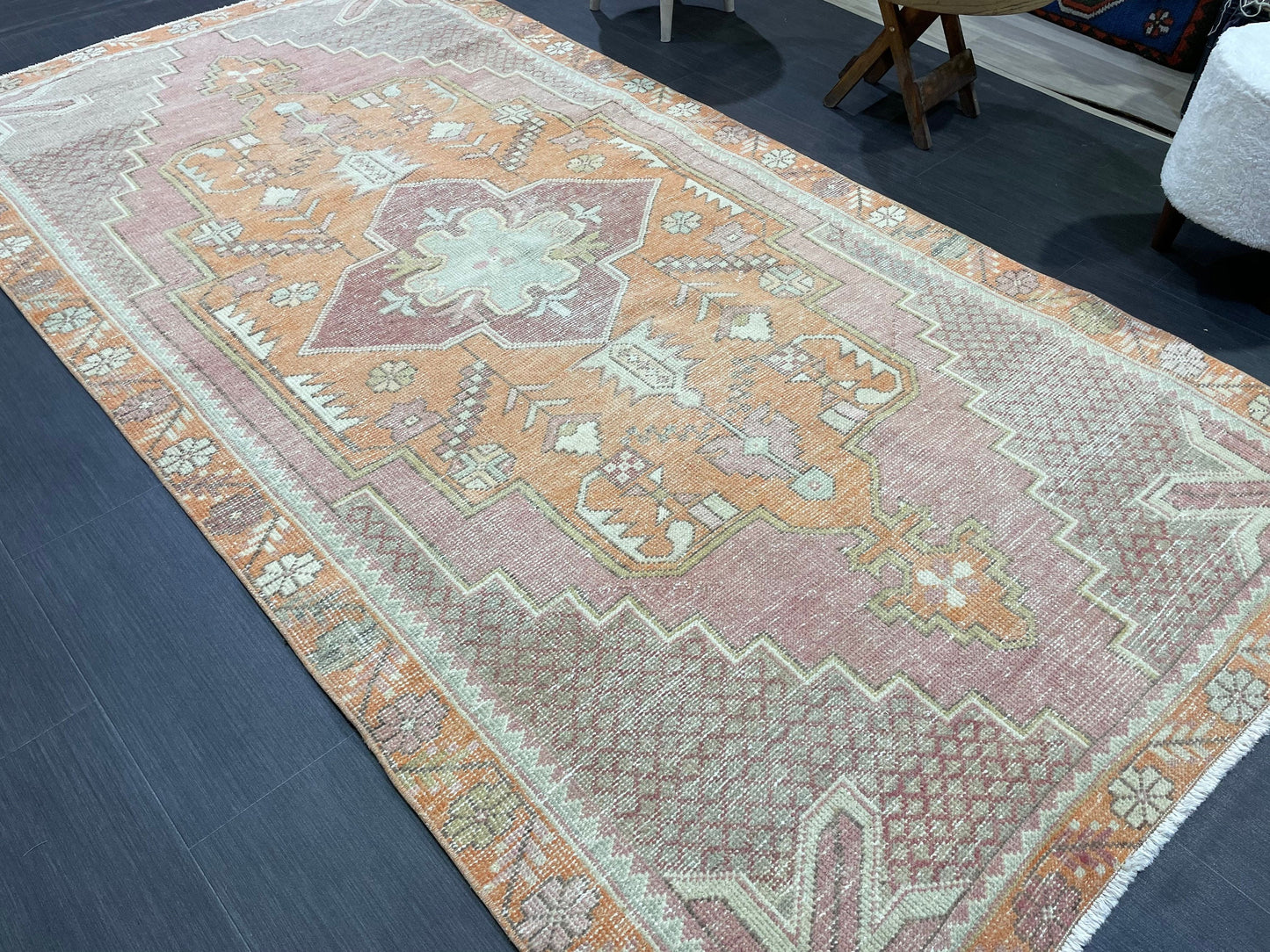 Handmade Rug, Persian 4.5 x 8.5  Rug, Navy Hand Knotted Rug, Vintage Rug, Yellow and Orange Turkish Rug, Oushak Rug, Oriental Rug, Wool Rug