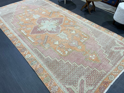 Handmade Rug, Persian 4.5 x 8.5  Rug, Navy Hand Knotted Rug, Vintage Rug, Yellow and Orange Turkish Rug, Oushak Rug, Oriental Rug, Wool Rug