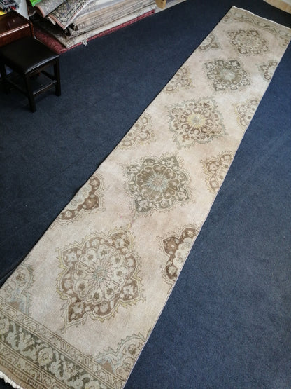 13.9 x 2.8 Muted Oushak Runner Rug Turkish Runner Rug Vintage Runner Rug Hallway Runner Rug Faded Kitchen Runner Rug Wool Runner Rug
