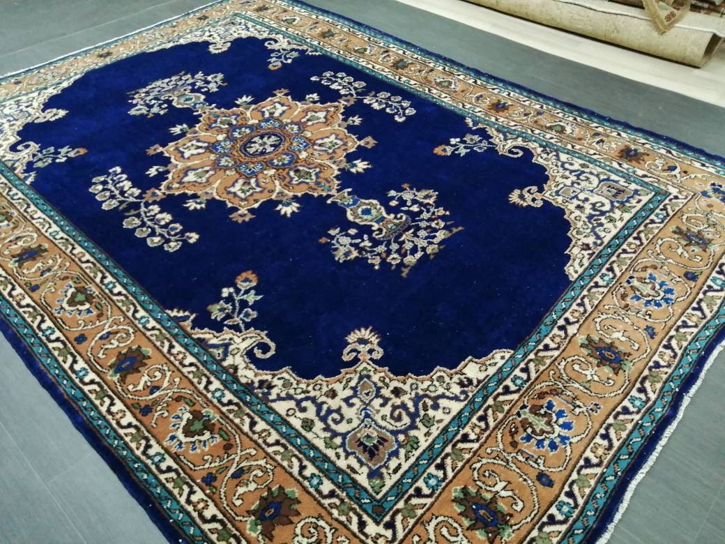 Navy High Wool Pile Vintage RUG 7 x 9.8 TURKISH Rug Vintage High Pile Oushak  Rug Vintage Rug Wool Oushak Rug Blue Rugs Persian Rug 7x10 rug