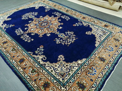 Navy High Wool Pile Vintage RUG 7 x 9.8 TURKISH Rug Vintage High Pile Oushak  Rug Vintage Rug Wool Oushak Rug Blue Rugs Persian Rug 7x10 rug