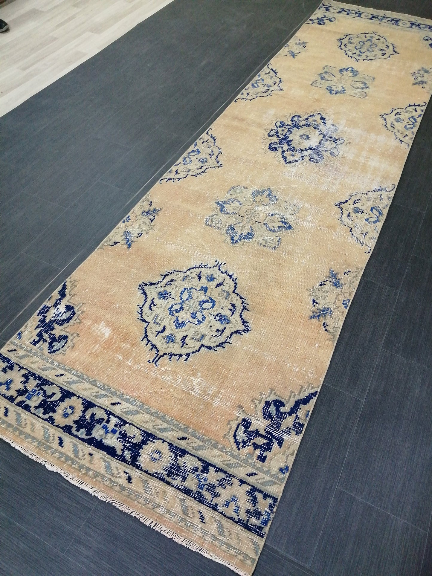 3 x 12  Blue Oushak Runner Rug Turkish Runner Rug Vintage Runner Rug Hallway Runner Rug Kitchen Runner Rug Wool Runner Rug Wool Oushak Rug