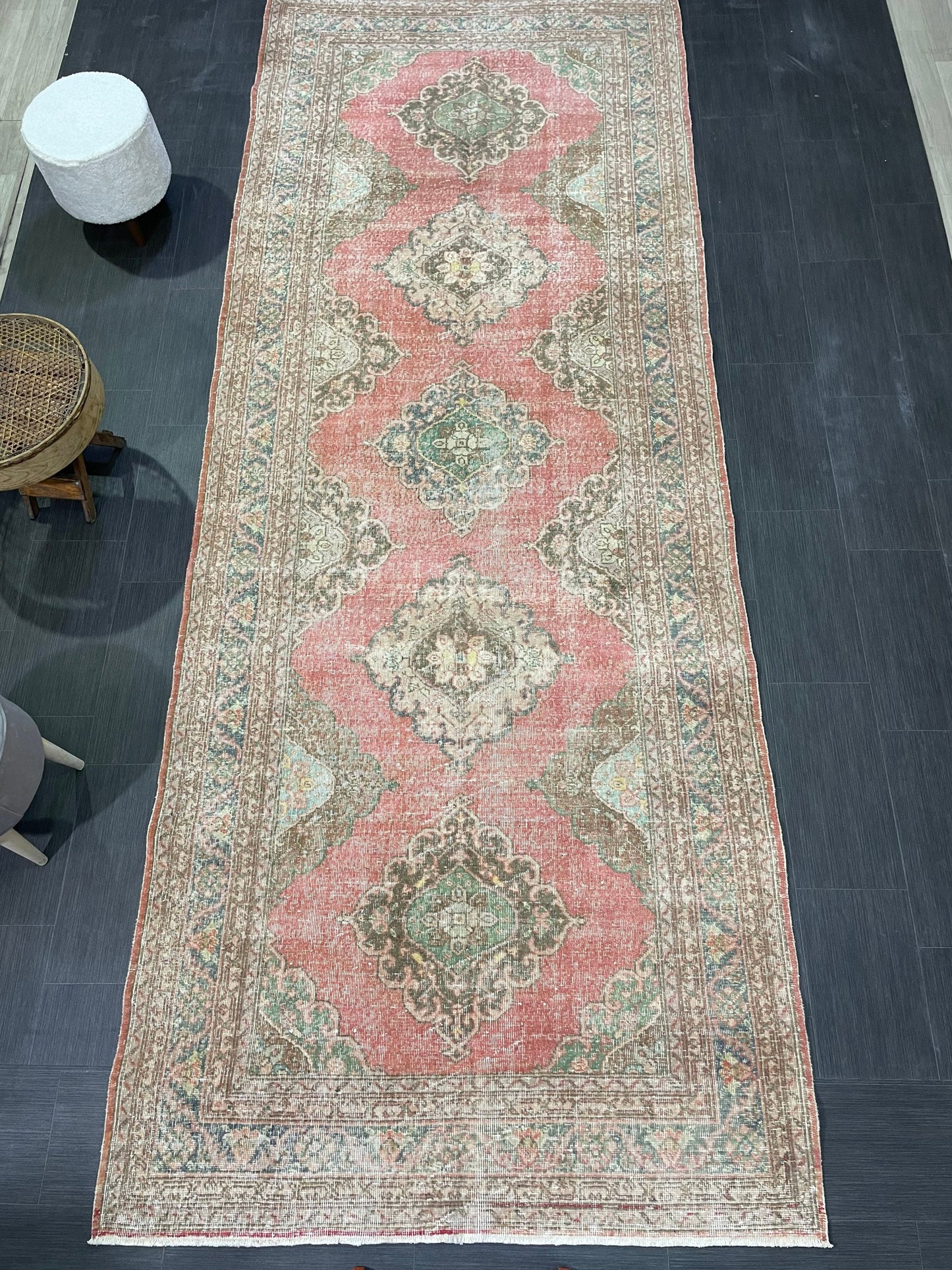 Antique Turkish Runner Rug Muted Distressed 4.9 x 12.6 Runner Rug, Vintage Runner Rug Hallway Runner Rug Kitchen Runner Wool Handmade Runner