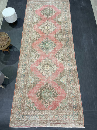 Antique Turkish Runner Rug Muted Distressed 4.9 x 12.6 Runner Rug, Vintage Runner Rug Hallway Runner Rug Kitchen Runner Wool Handmade Runner