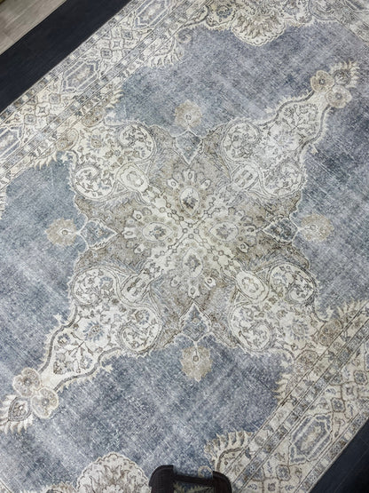 Denim Blue TURKISH HAND MADE Rug 7.7 x 11.5 Vintage Distressed Rug Oushak Rug   Traditional Rug Oriental Rug Vintage Floral Rug Wool Rug