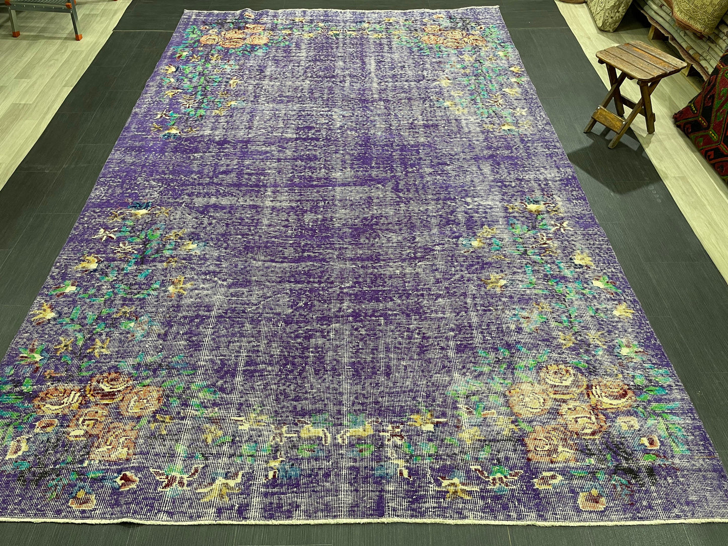 Vintage Rug 7 x 10.8 TURKISH Handmade Rug Violet Purple Vintage Hand Knotted Rug Distressed Persian Rug Oushak Rug, Wool Rug