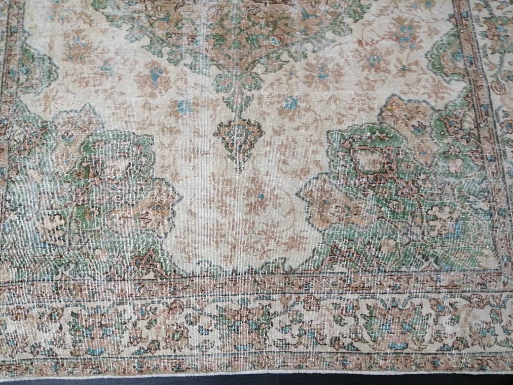 OUSHAK RUG Persian Rug 6.8 x 10.4 TURKISH  Rug Vintage Wool Rug Muted Vintage Oriental Rug Wool Oushak Rug Hand Made Rugs Green Vintage Rug