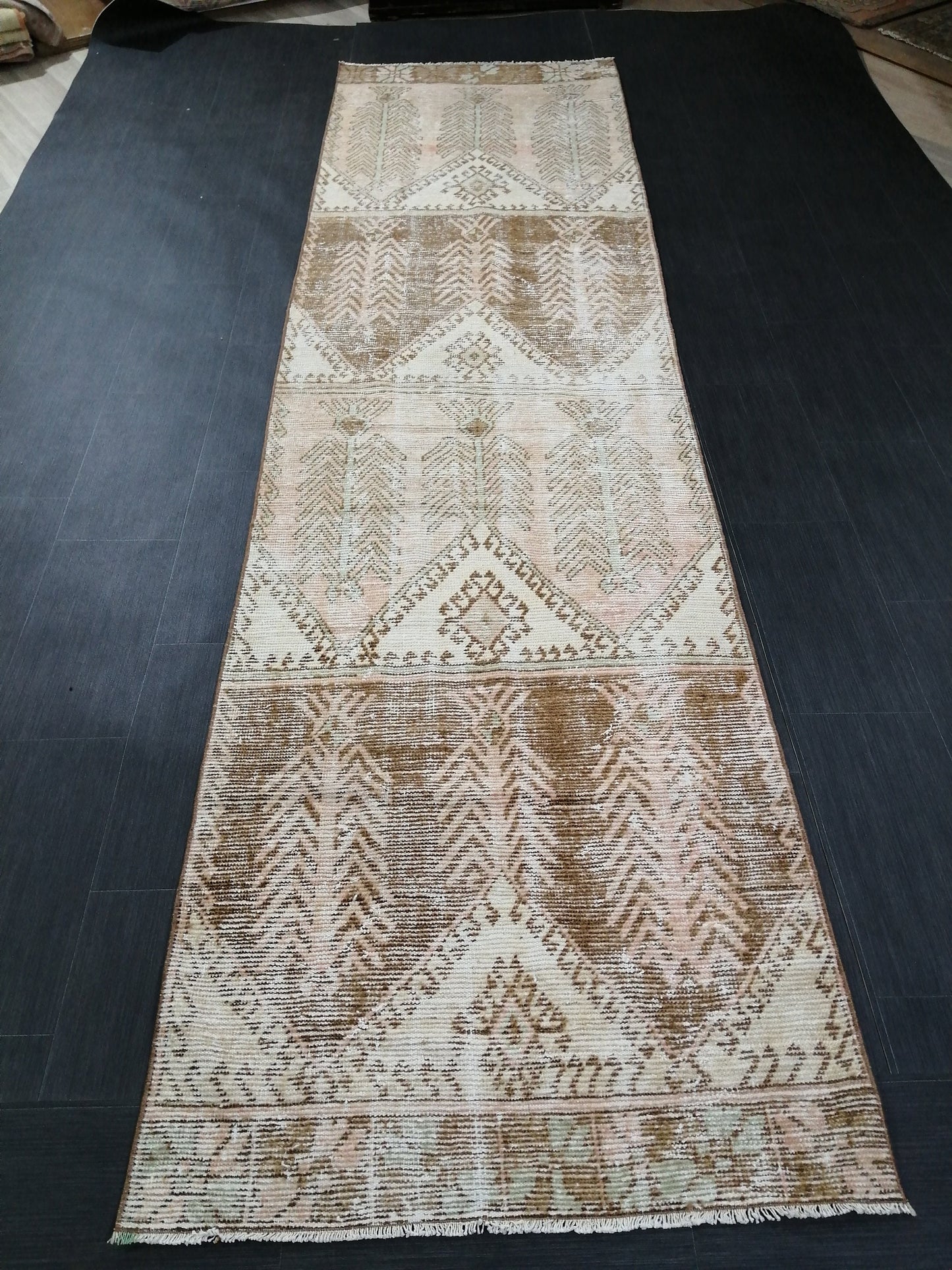 12 x 3.2 Muted Vintage Runner Rug Muted Hallway Runner Rug Kitchen Runner Rug Distressed Wool Runner Rug Wool Oushak Runner