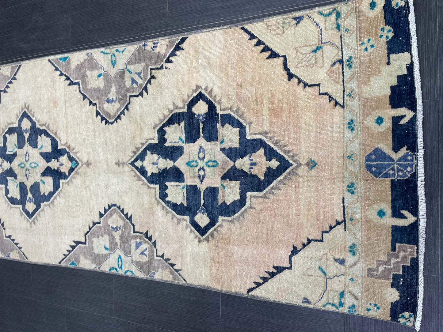 Vintage Runner 3.2 x 10.6 TURKISH Muted Runner Rug Vintage Oushak Runner Rug Navy Runner Rug Wool Oriental Runner Antique Runner Rug