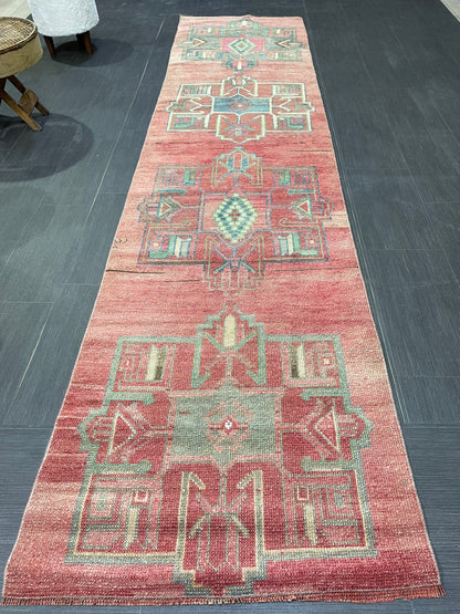 Handmade Runner Rug, 2.8 x 11.2 Turkish Runner Rug, Vintage Runner Rug, Hallway Runner Rug,Hand Knotted Runner Rug Wool Oushak Runner