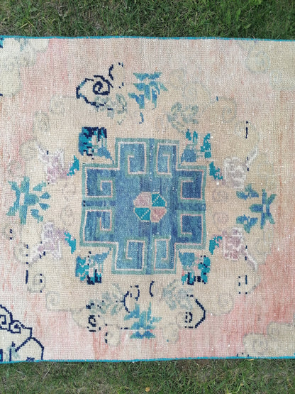 3 x 12 Turkish wool runner rug, blue runner rug, vintage runner rug, kitchen runner rug,hallway runner rug, oushak runner