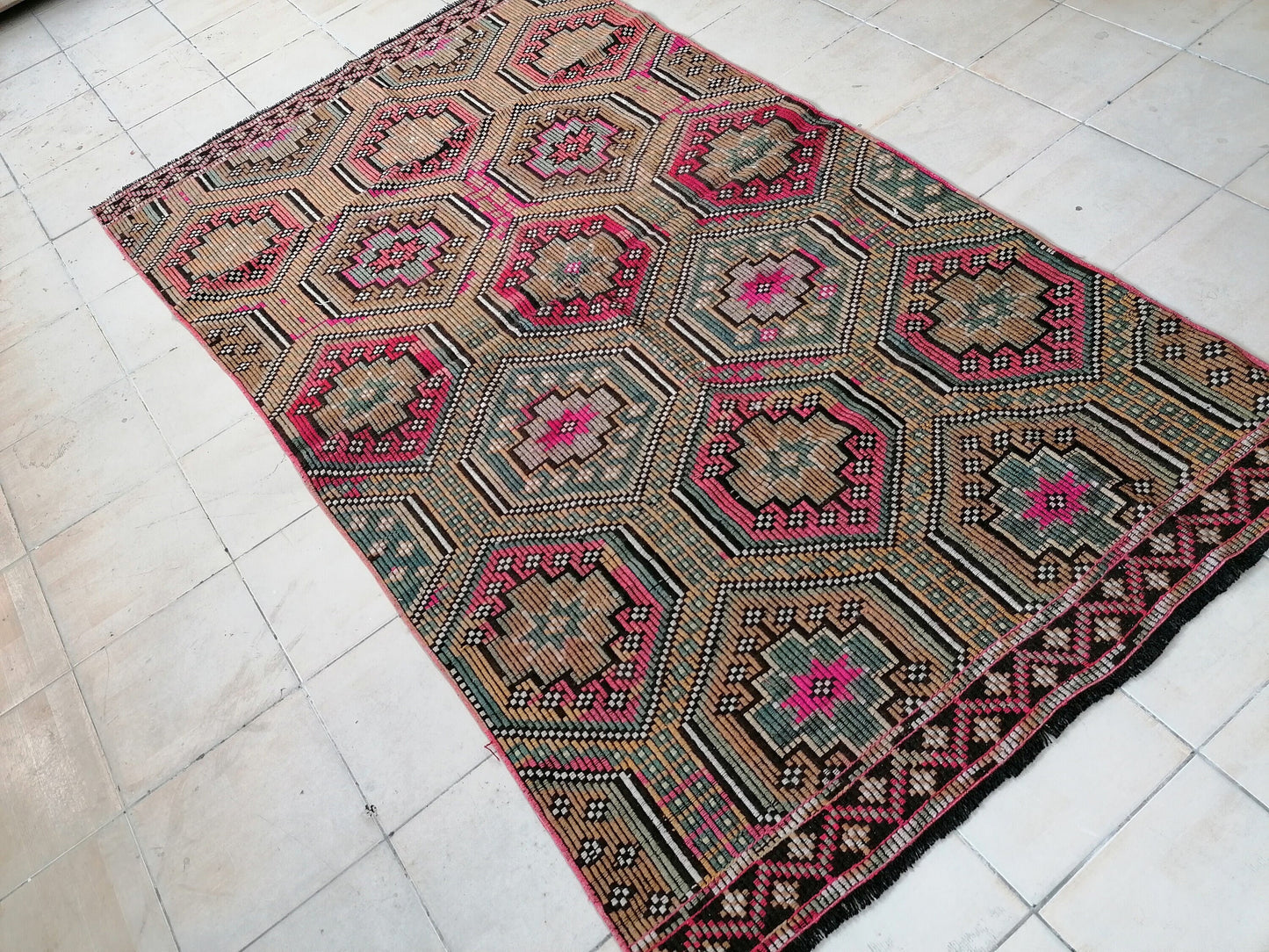 Flatwoven with embroidery rug turkish hand made rugs vintage turkish rugs oushak rug vintage oushak rug, wool rug 8'6x4'10 feet