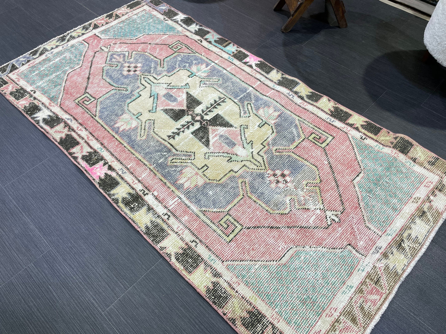 Turkish Rug, Hand Knotted Rug, 2.7 x 5 Living Room Rug, Bathroom Rug, Vanity Rug, Vintage Oushak Rug, Wool Vintage Rugs, Distressed Rug