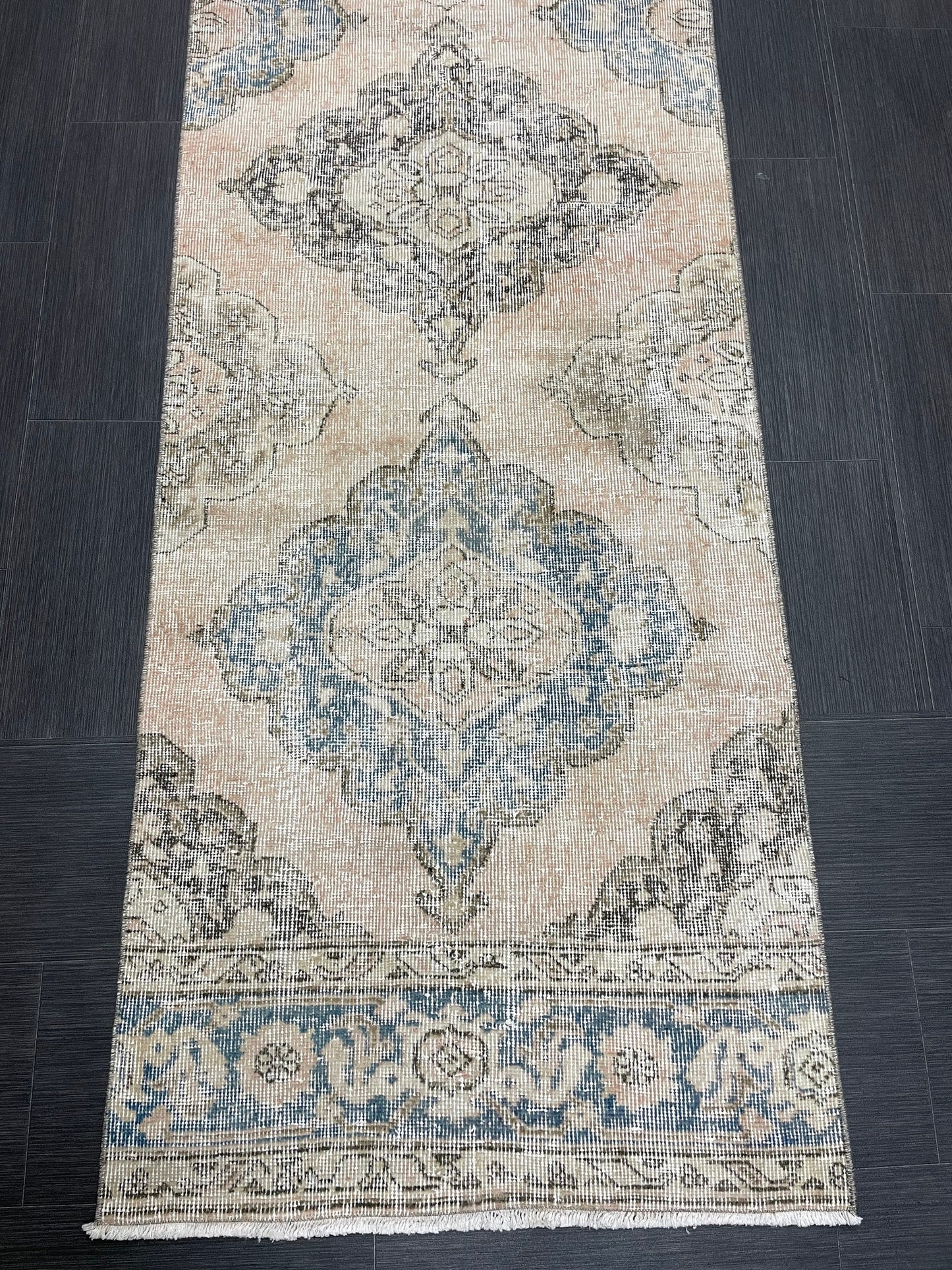 Muted Runner Rug 2.6 x 12.4 ft Turkish Runner Rug Vintage Runner Rug Hallway Runner Rug Faded Kitchen Runner Rug Wool Runner Rug Handmade