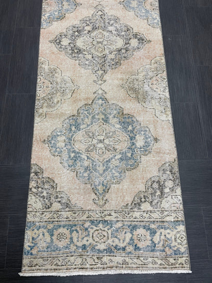 Muted Runner Rug 2.6 x 12.4 ft Turkish Runner Rug Vintage Runner Rug Hallway Runner Rug Faded Kitchen Runner Rug Wool Runner Rug Handmade