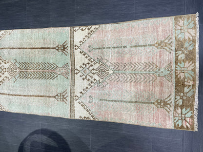 Muted Vintage Runner Rug, 2.8 x 10.2 Muted Oushak Runner Rug, Turkish Runner Rug, Short Muted Runner Rug ,Hallway Runner Soft Wool Runner