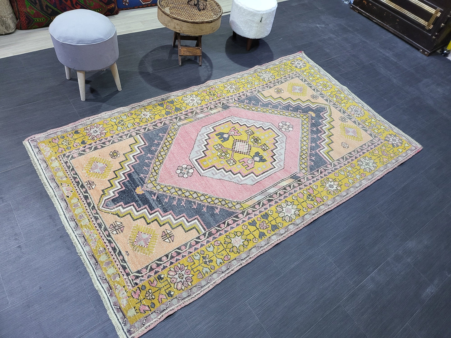 Vintage Rug,  TURKISH 4.2 x 7.4 HANDMADE Rug, Vintage Turkish Rug, Oushak Rug, Turkish Oushak Rug, Vintage Handknotted Rug, Wool Rug