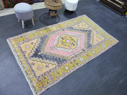 Vintage Rug,  TURKISH 4.2 x 7.4 HANDMADE Rug, Vintage Turkish Rug, Oushak Rug, Turkish Oushak Rug, Vintage Handknotted Rug, Wool Rug