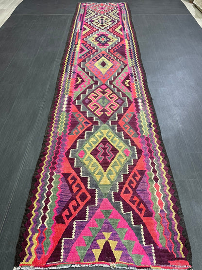 Vintage Runner rug 3 x 13 Handmade Flat woven Runner Kilim Runner Rug Oriental Runner Vintage Turkish Runner Flat weave Rug Wool Carpet Rug