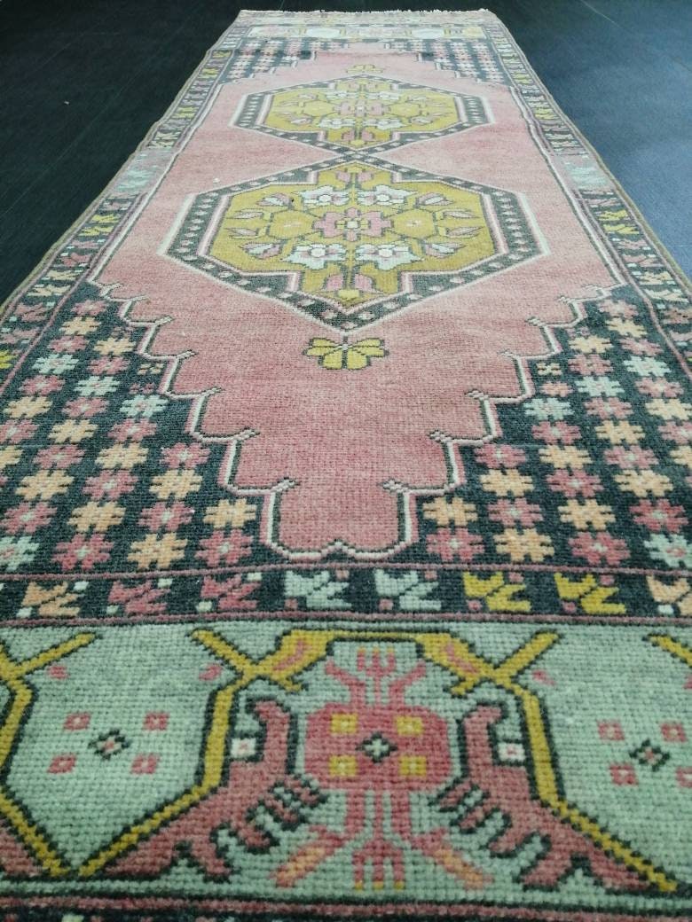 Pink Oriental Runner 2.4 x 8.7 Runner Hand Made TURKISH Runner Vintage Runner Muted Vintage Persian Muted Runner Rug Excellent Condition Rug