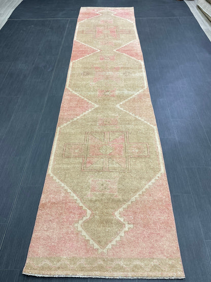 Muted Vintage Runner Rug 2.7 x 12.6 Hand Made Runner Rug Turkish Runner Rug Pink Vintage Runner Rug Hallway Runner Rug Wool Kitchen Runner