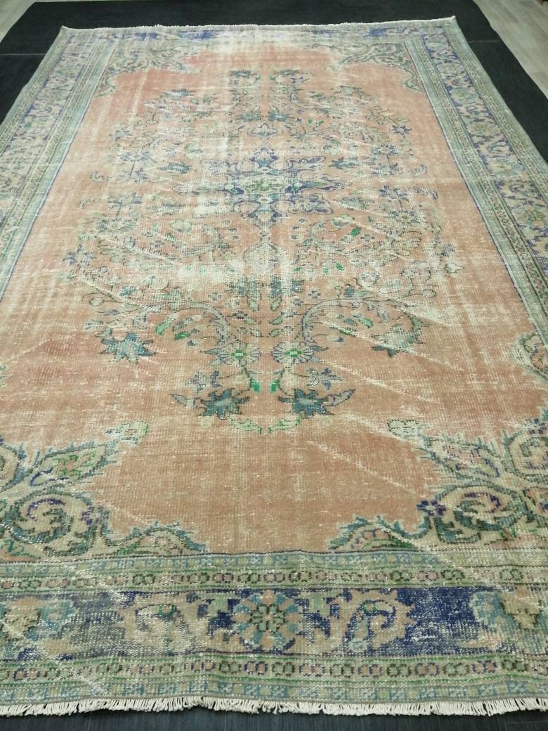 12 x 8 Turkish Rug, Oushak Rug, Muted Wool Rug, 8x12 Large Oushak Rugs,Rusty pink and Blue Orange Rug, Vintage Rug, Muted Hand Made Rug