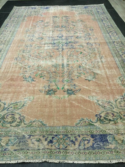 12 x 8 Turkish Rug, Oushak Rug, Muted Wool Rug, 8x12 Large Oushak Rugs,Rusty pink and Blue Orange Rug, Vintage Rug, Muted Hand Made Rug