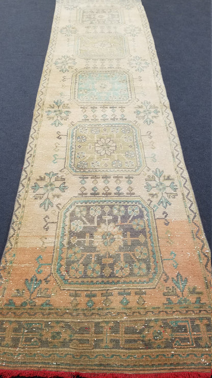 11'9x3' oushak turkish runner rug, vintage runner rug, vintage oushak rug, vintage anatolian rug,unique hand made rug,kitchen runner rug