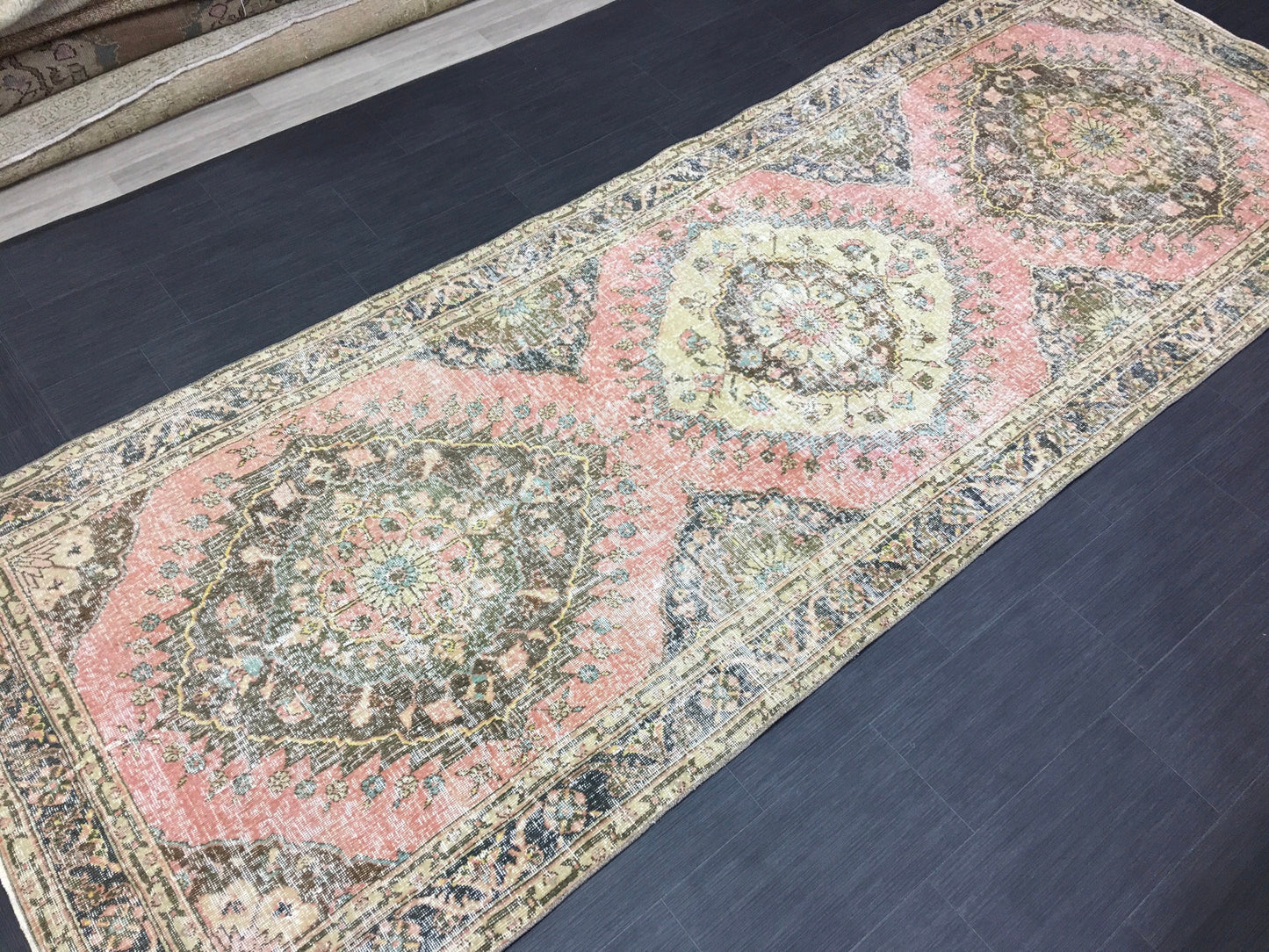 Handmade Vintage Runner Rug 4.6 x 12.7 Vintage Runner Hand Knotted TURKISH Runner Vintage Runner Distressed Vintage Persian Muted Runner