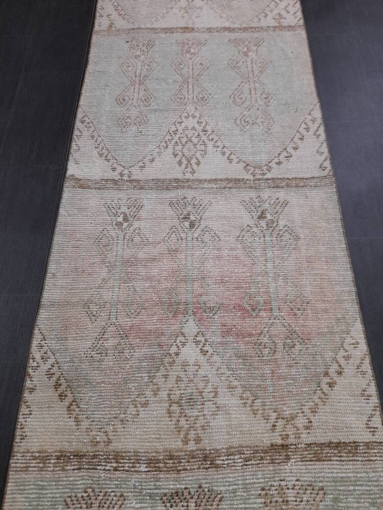 Muted Vintage Runner Rug 3.2 x 12.3 Hand Made Runner Rug Turkish Runner Rug Pink Vintage Runner Rug Hallway Runner Rug Distressed Runner Rug