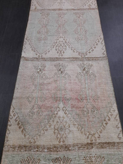 Muted Vintage Runner Rug 3.2 x 12.3 Hand Made Runner Rug Turkish Runner Rug Pink Vintage Runner Rug Hallway Runner Rug Distressed Runner Rug