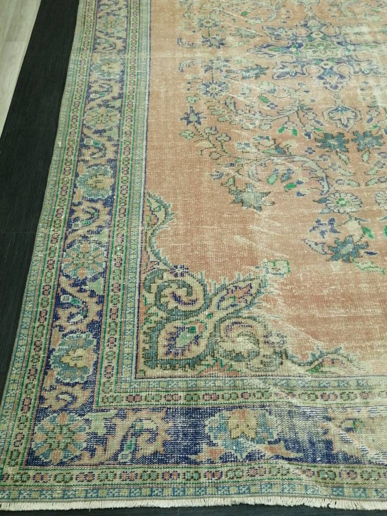 12 x 8 Turkish Rug, Oushak Rug, Muted Wool Rug, 8x12 Large Oushak Rugs,Rusty pink and Blue Orange Rug, Vintage Rug, Muted Hand Made Rug