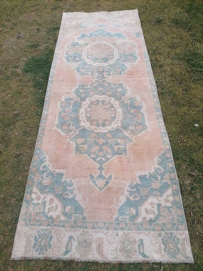 3.10 x 10.7 Muted vintage rug, oushak runner rug  hallway runner, kitchen vintage anatolian rug